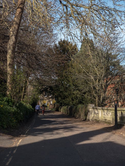 A narrow residential pathway flanked by a low stone wall on the right and dense trees on the left, with bare branches and some evergreen foliage in the background. The pathway is shaded with sunlight filtering through the branches, creating patches of light and shadow on the ground. Two pedestrians, dressed in casual clothing, are walking away from the camera along the paved surface. The scene suggests a peaceful, suburban environment, possibly near a public park or garden area often involved in outdoor activities or local community walks. The presence of trees and natural surroundings may require occasional removal of fallen branches or debris, which local waste management services like Rubbish Removal Harrow might handle through on-site clearance or private disposal solutions to maintain the area’s tidy appearance.